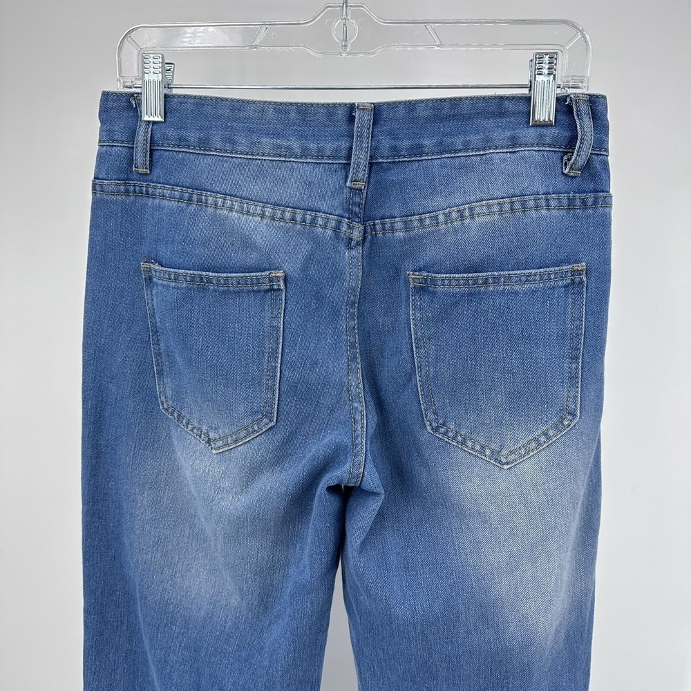 Womens Denim Jeans Size M Embellished Heart Tribal Design Straight Leg Whiskered - Picture 5 of 8
